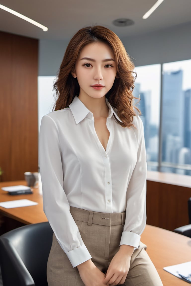 - [ ] photorealistic:1.37, masterpiece, best quality, raw photo, absurdres, uhd, 1girl, wavy hair, brown hair , looking at viewer, in the large meeting room of the office in the high tower office building in  Tokyo ,Tokyo tower,intricate detail, detailed background, detailed skin, pore, highres, hdr , presentation to ten men , beautiful model, soft light to the face,JP_MODELS , midium breasts, a 30 yo woman ,((white shirts,pants suits ))