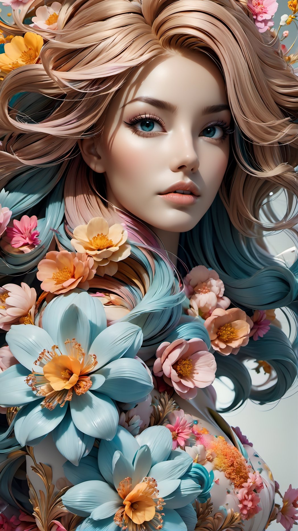 Intricate image of a Beautiful floral woman with flowy flowe-like hair, work of beauty and complexity, hyperdetailed facial features, 8k UHD, close-up, alberto seveso style 