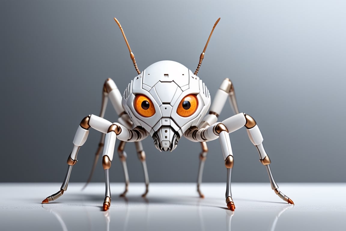 (((background:white))), 1ant, product mock up,((6 ant legs)), surreal and complex futuristic white ant, mechanical,((light orange eyes)),body color white and metal silver, precise details, cyberpunk, central, cinematic lighting, 8k, extreme long shot,pixel_art,Cybermask,DonMD3m0nXL, side,