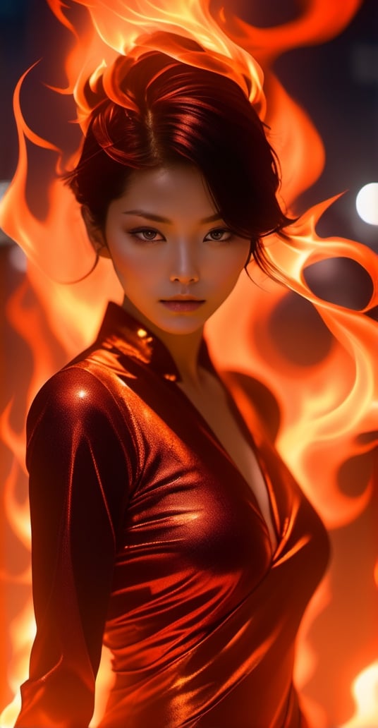 In the hazy night, a beautiful woman is playing with flames, as if she's a mysterious girl in Araki Nobuyoshi's lens. The fire dances on her face, illuminating her eyes and reflecting her defiance. Her posture is elegant, as if she's dancing, with the flame as her partner. The blurred background makes her figure more focused.