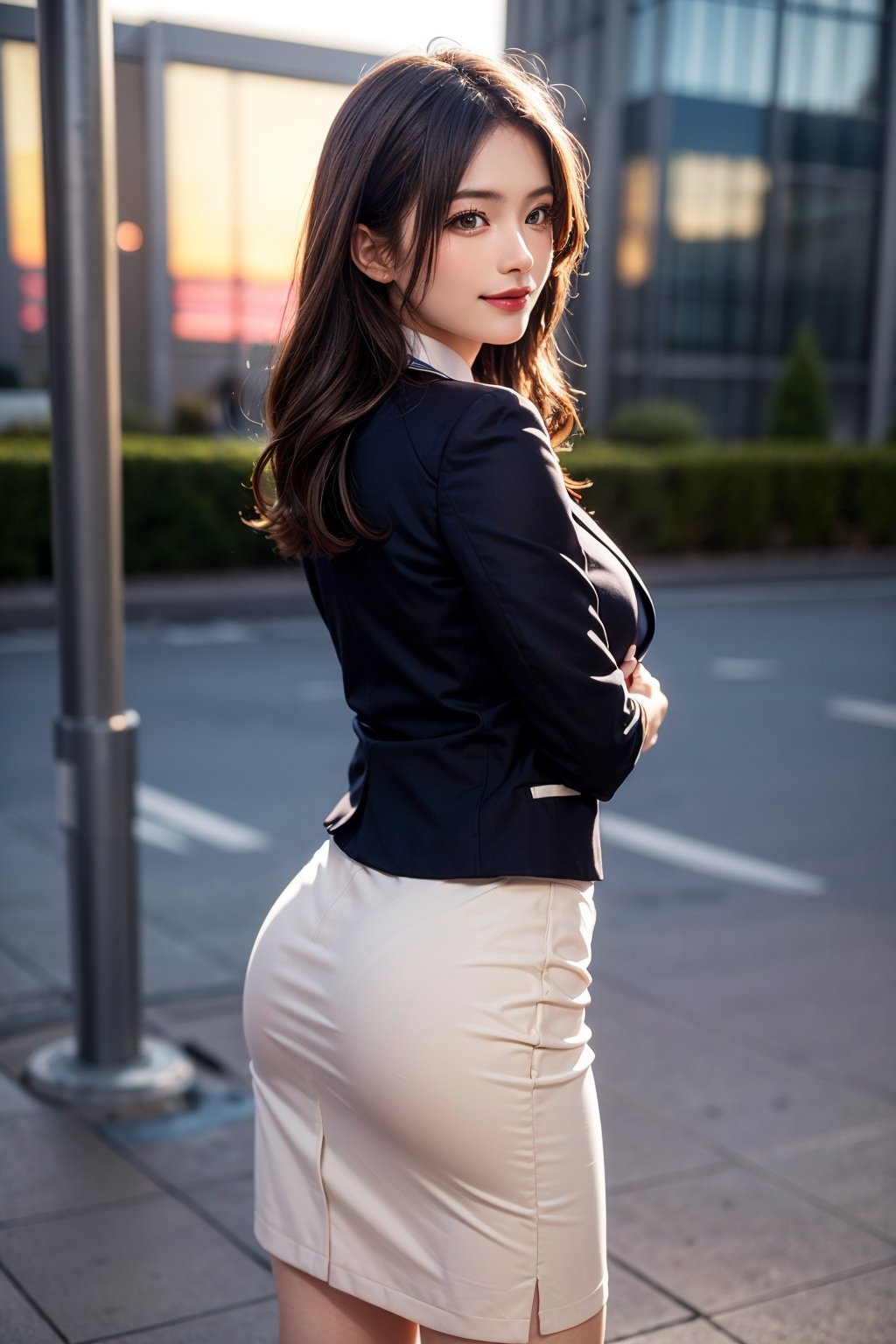 (realistic, photo-realistic:1.37), (masterpiece), (best quality:1.4), (ultra high res:1.2),(RAW photo:1.2), (sharp focus:1.3), (face focus:1.2), elegant, (full body:0.9), (1 girl wearing detailed pencil-skirt and suit-jacket:1.3), (office lady), professionattire, high heels, (33yo:1.1), (light smile:1.2), (shine hair:1.3), [bun-head hair style], BREAK,
(huge breast), scenery, (Beautiful Sunset background:1.2), from behind, backshot, bangs, beautiful detailed eyes, looking at viewer, (cute), (no makeup), clean face, 