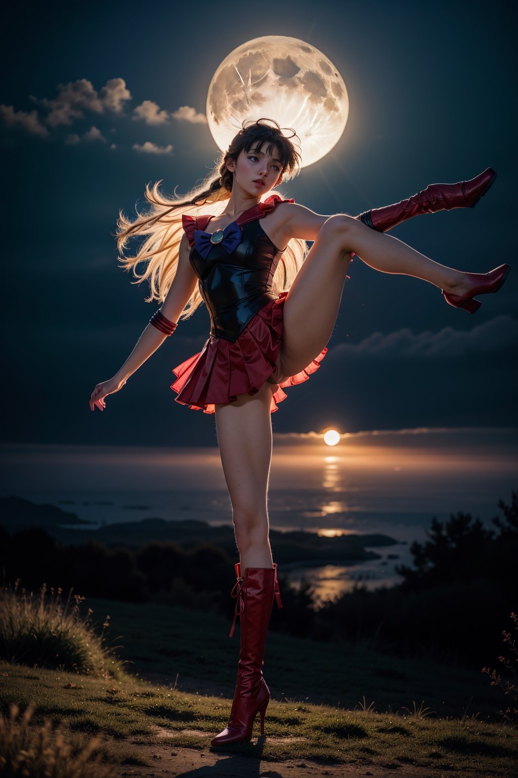 Masterpiece, 8k, high resolution, sailor_moon, usagi, blonde, sailor_moon tiara, pose standing one leg opening,see-through, red boots, braid, ominous, night, full_moon, mist, god_rays, full_body shot, extremely detailed eyes, ultra-detailed, 1girl, ultra high res,detailed skin,beautiful lighting,standing