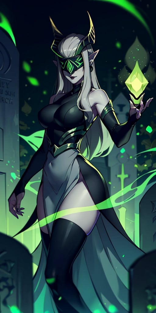 (looking at viewer:1.2), |, Shemira_AFK, pointy ears, covered eyes, green glow, grey skin, magic, thighs, long dress, smug, upper body, ,| graveyard, | bokeh, depth of field, cinematic composition, |  dynamic pose, contrapposto, 