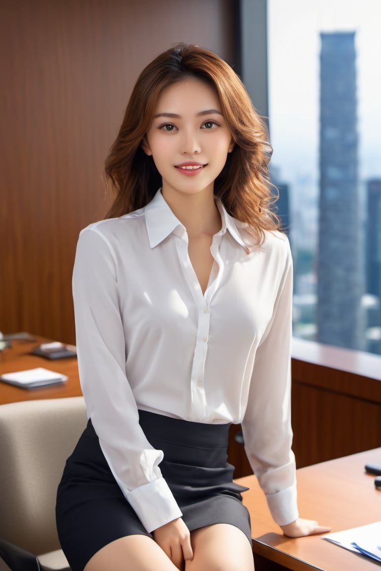 - [ ] photorealistic:1.37, masterpiece, best quality, raw photo, absurdres, uhd, 1girl, wavy hair, brown hair, seductive , looking at viewer, in the large meeting room of the office in the high tower office building in  Tokyo ,Tokyo tower,intricate detail, detailed background, detailed skin, pore, highres, hdr , presentation to ten men , beautiful model, soft light to the face,JP_MODELS,open white shirts uniform , midium breasts, a 30 yo woman sitting on the desk spreading legs , with no shorts or panties, no panty, Pubic hair is clearly visible, nude bottom, 