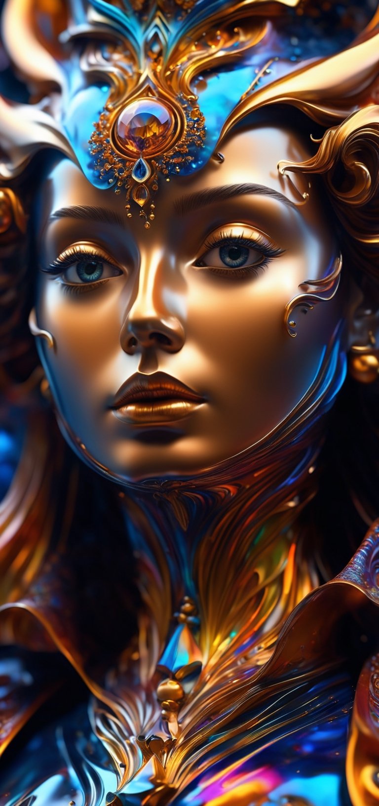 a close up of a statue of a woman, digital art, inspired by tomasz alen kopera, gothic art, intricate skeletal decorations, 8 k highly detailed, beautiful elegant halloween girl with a wizard hat , intricate body, beautiful detail and color, sylvain sarrailh and igor morski, intricate costume design, detailed body, ultra detailed artistic abstract photography of liquid lust, detailed captivating eyes on molten statue, asymmetrical, gooey liquid hair, highly refractive skin, Digital painting, colorful, volumetric lighting, High definition, detailed, realistic, 8k uhd, high quality,A girl dancing ,fire element,DonMCyb3rN3cr0XL 