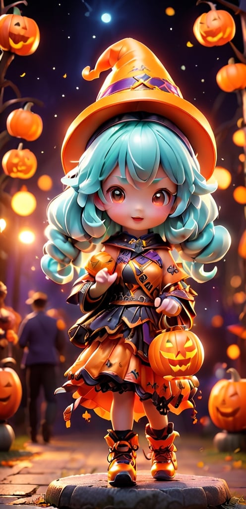  ((1 girl with Halloween costume and wizard hat holding a halloween pumpkin , in the halloween night festival,adorable, happy)), (masterpiece, best quality, ultra-detailed), (detailed background)street, bokeh, (beautiful detailed face), high contrast, ,girl , boxing pose, 