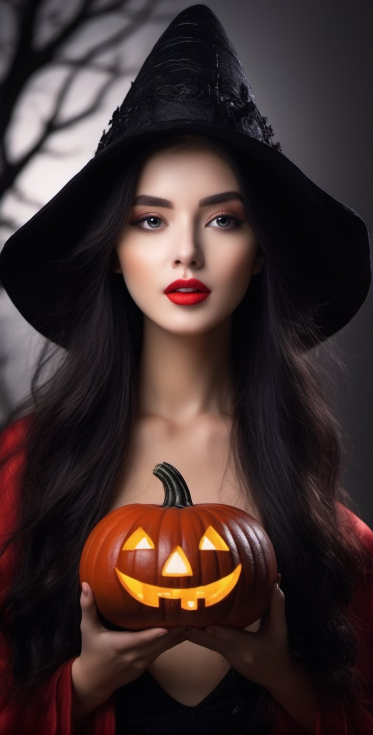 (8k, RAW photo, best quality, masterpiece:1.2),(realistic, photo-realistic:1.37), ((1 girl with Halloween costume and wizard hat holding a halloween pumpkin , in the halloween night festival,adorable, happy)),  1girl, solo, jewelry, earrings, black hair, long hair, looking at viewer, black eyes, realistic, makeup, upper body, black background, breasts, red lips, collarbone, simple background, cleavage, eyeshadow, multicolored hair 