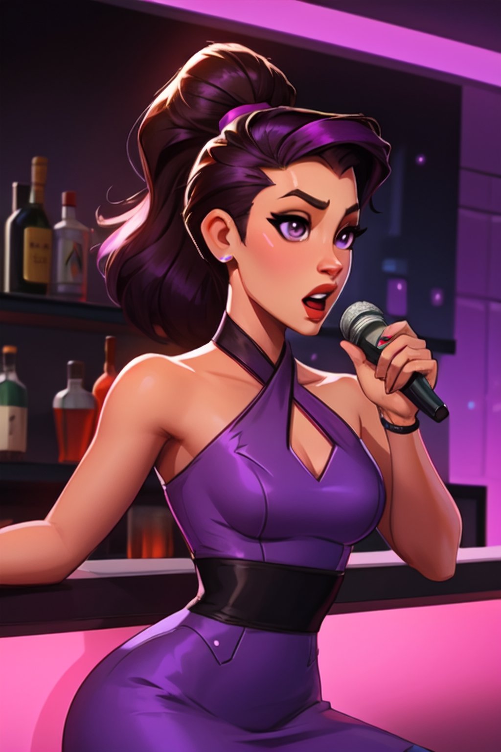 Overwatch Sombra, latina girl brown skin, purple eyes, purple sidecut hair, red sexy dress, singin with microphone, bar background, SAM YANG