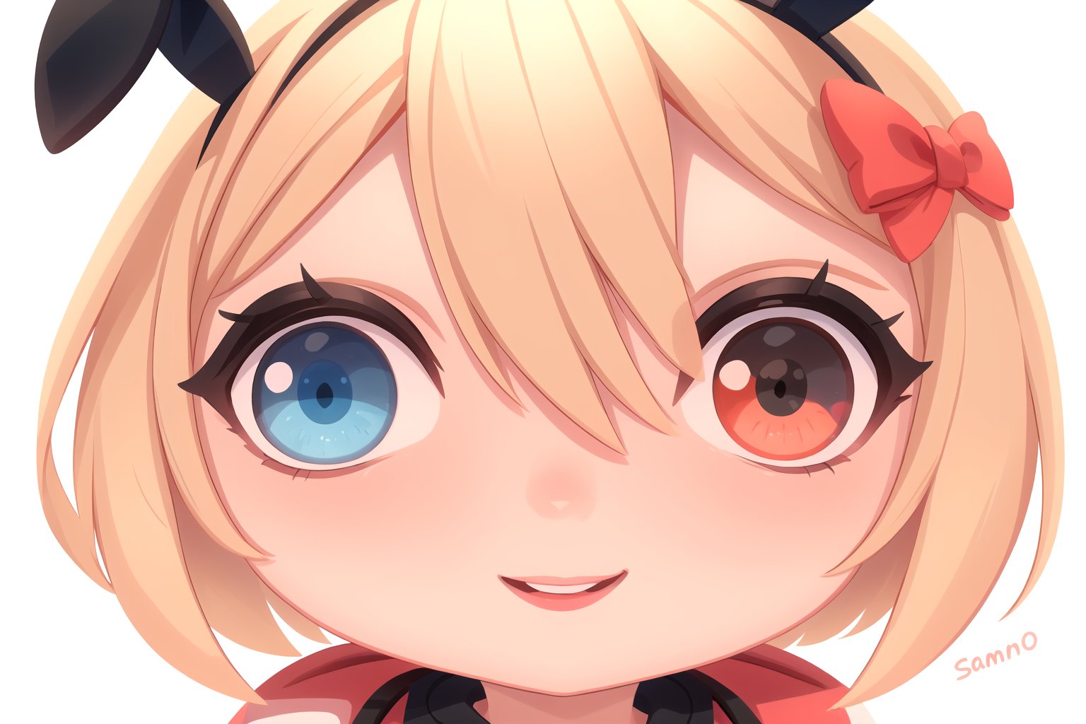 white girl, thicc, solo, upper body, looking at viewer, white background, bob cut, [bows- black bunny ears in the hair], heterochromia eyes, blonde hair, red lips, eyeliner, smile, jacket, SAM YANG art style, cute, HEADSETS, 8k, HD 