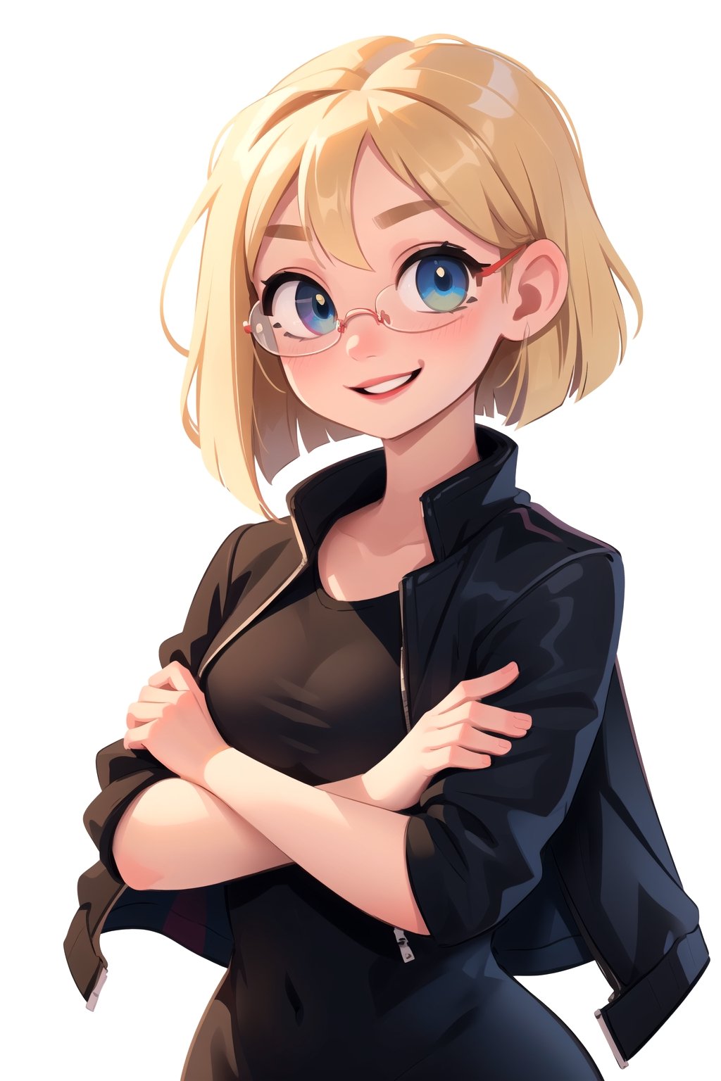 white girl,  thicc,  solo,  upper body,  looking at viewer,  white background,  bob cut,  (long hair),  bows in hair,  heterochromia eyes,  blonde hair,  red lips,  eyeliner, smile, jacket, SAM YANG art style, crossed arms, with super ultra cooler epic mega glasses
