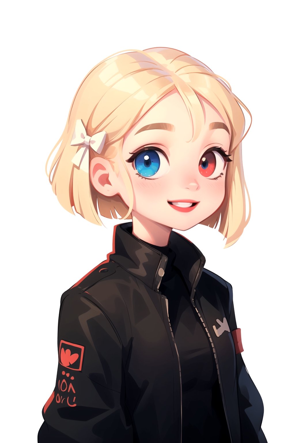 white girl,  thicc,  solo,  upper body,  looking at viewer,  white background,  bob cut,  (long hair),  bows in hair,  heterochromia eyes,  blonde hair,  red lips,  eyeliner, smile, jacket, SAM YANG art style