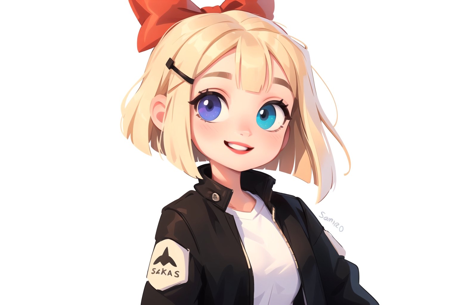 white girl,  thicc,  solo,  upper body,  looking at viewer,  white background,  bob cut,  (long hair),  bows in hair,  heterochromia eyes,  blonde hair,  red lips,  eyeliner, smile, jacket, SAM YANG art style