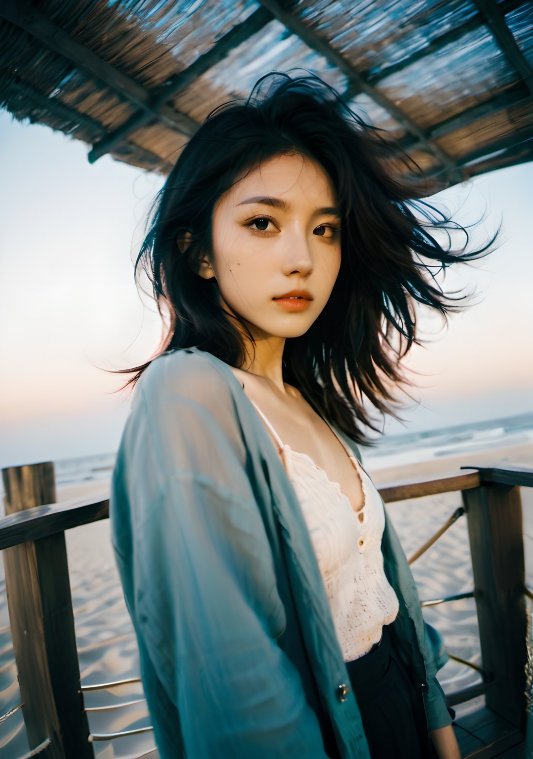 xxmix_girl,a woman takes a fisheye selfie on a beach at sunset, the wind blowing through her messy hair. The sea stretches out behind her, creating a stunning aesthetic and atmosphere with a rating of 1.4,FilmGirl