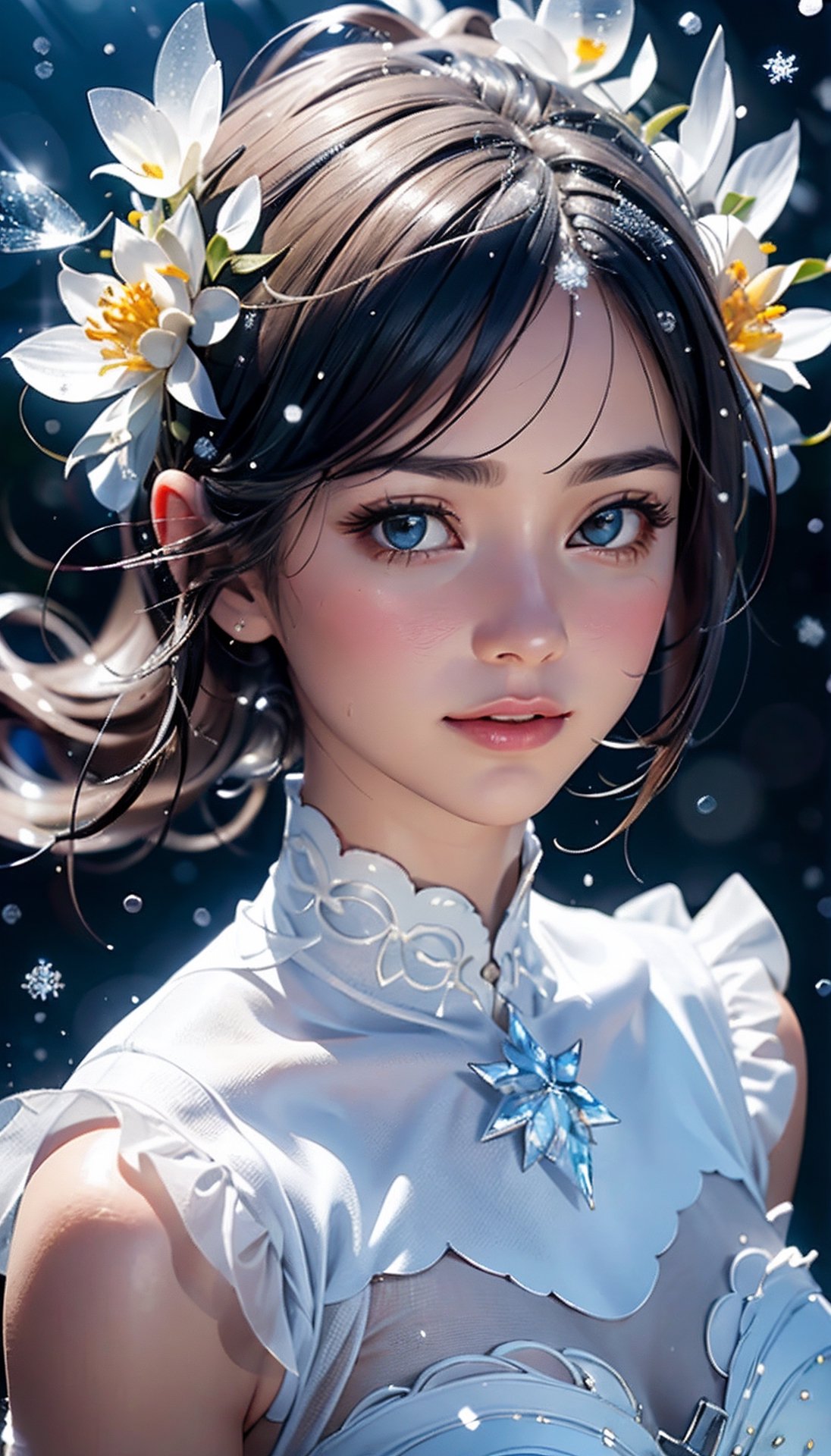 (best quality,  masterpiece:1.2), ultra detailed, (photo realistic:1.4), solo, cute girl, see-through white ruffle dress, snow_crystal_background,illumination_flower_background,diving_the_water_background,snow_crystal_background,multi_effects