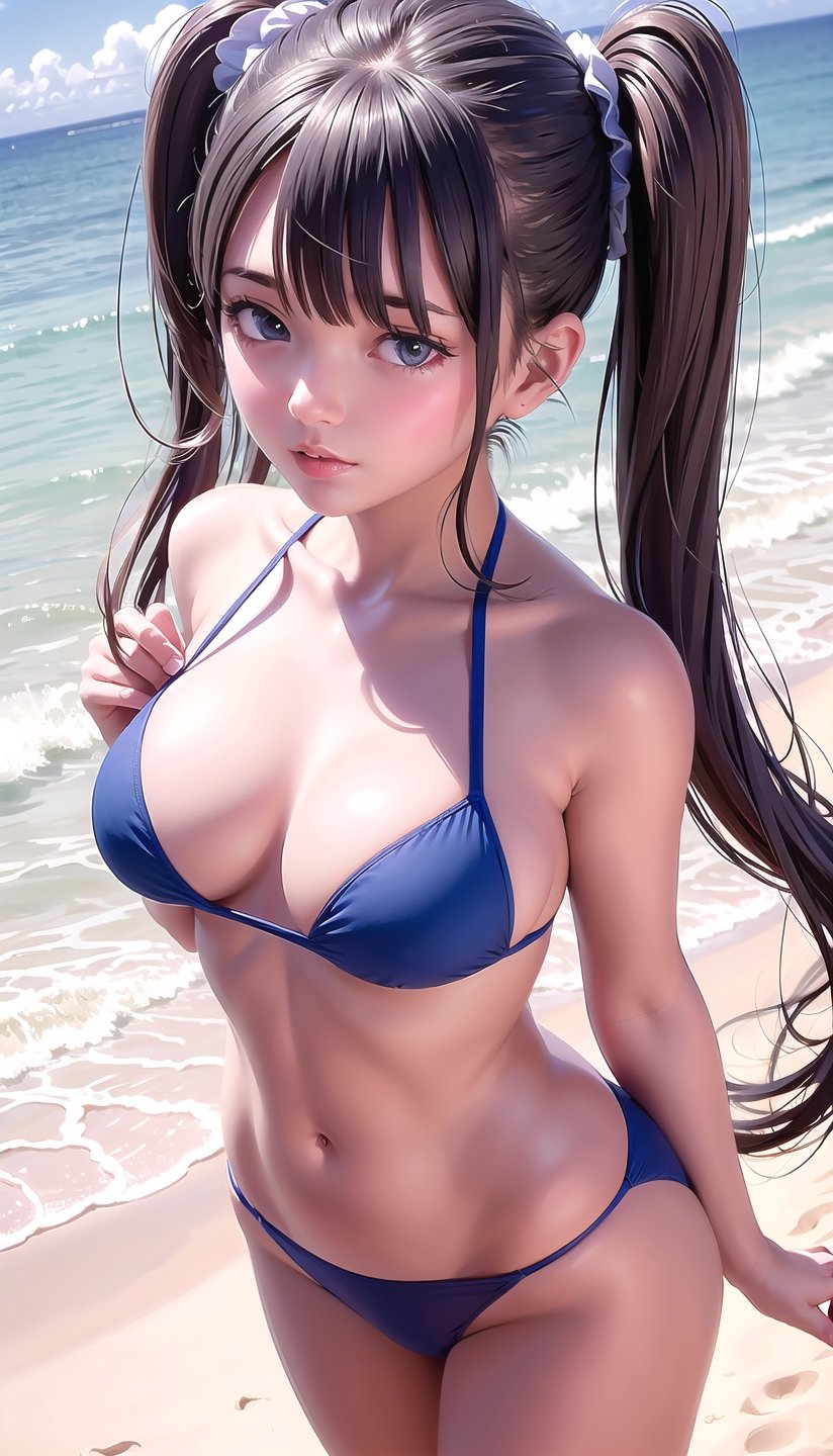(best quality, masterpiece:1.2), ultra detailed,solo,cute girl,twin tail,summer_beach