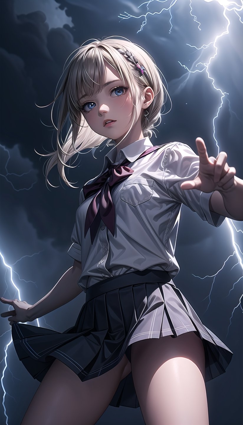 (best quality,masterpiece:1.2),ultra detailed,1girl,school uniform,mini skirt,kung fu pose,from below,lightning_sparkle_background,halation_background