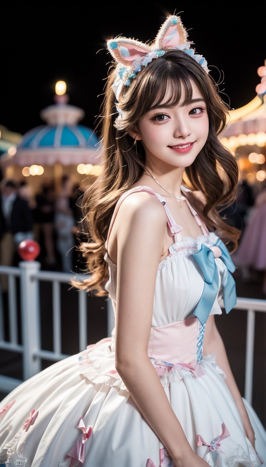 1girl, solo,mix4, (realistic:1.1), (photorealistic:1.1), (masterpiece:1.1), (best quality:1.1),  ultra detailed, looking at viewer, smile,sweet_lolita,standing , natural lighting, depth of field, (pureerosface_v1:0.8), amusement park in the background,(night)