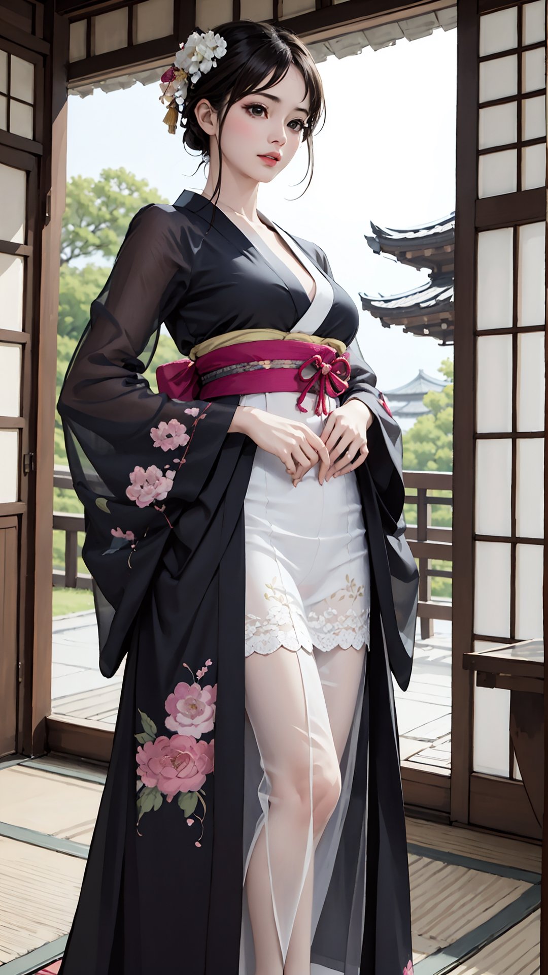 (best quality,masterpiece:1.2),ultra detailed,(photo realistic:1.4),solo,cute girl,upper body,(from below:1.3),(see-through)_((short))_kimono