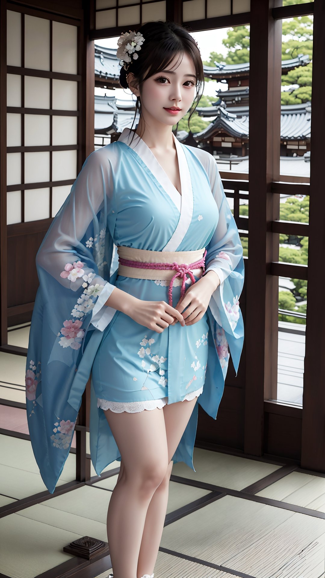 (best quality,masterpiece:1.2),ultra detailed,(photo realistic:1.4),solo,cute girl,from below,(see-through_short_kimono:1.2)