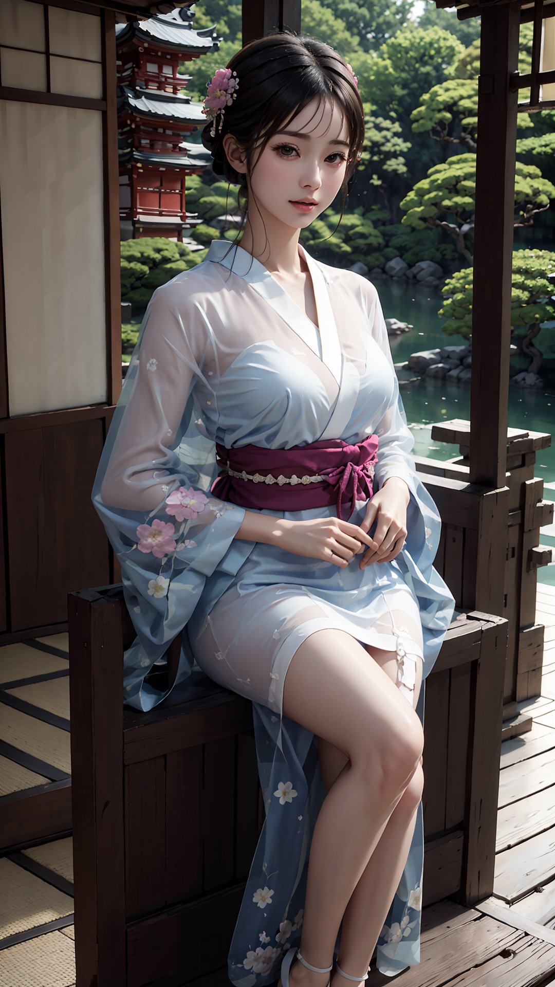 (best quality,masterpiece:1.2),ultra detailed,(photo realistic:1.4),solo,cute girl,sit and open legs,low angle,(see-through)_((short))_kimono