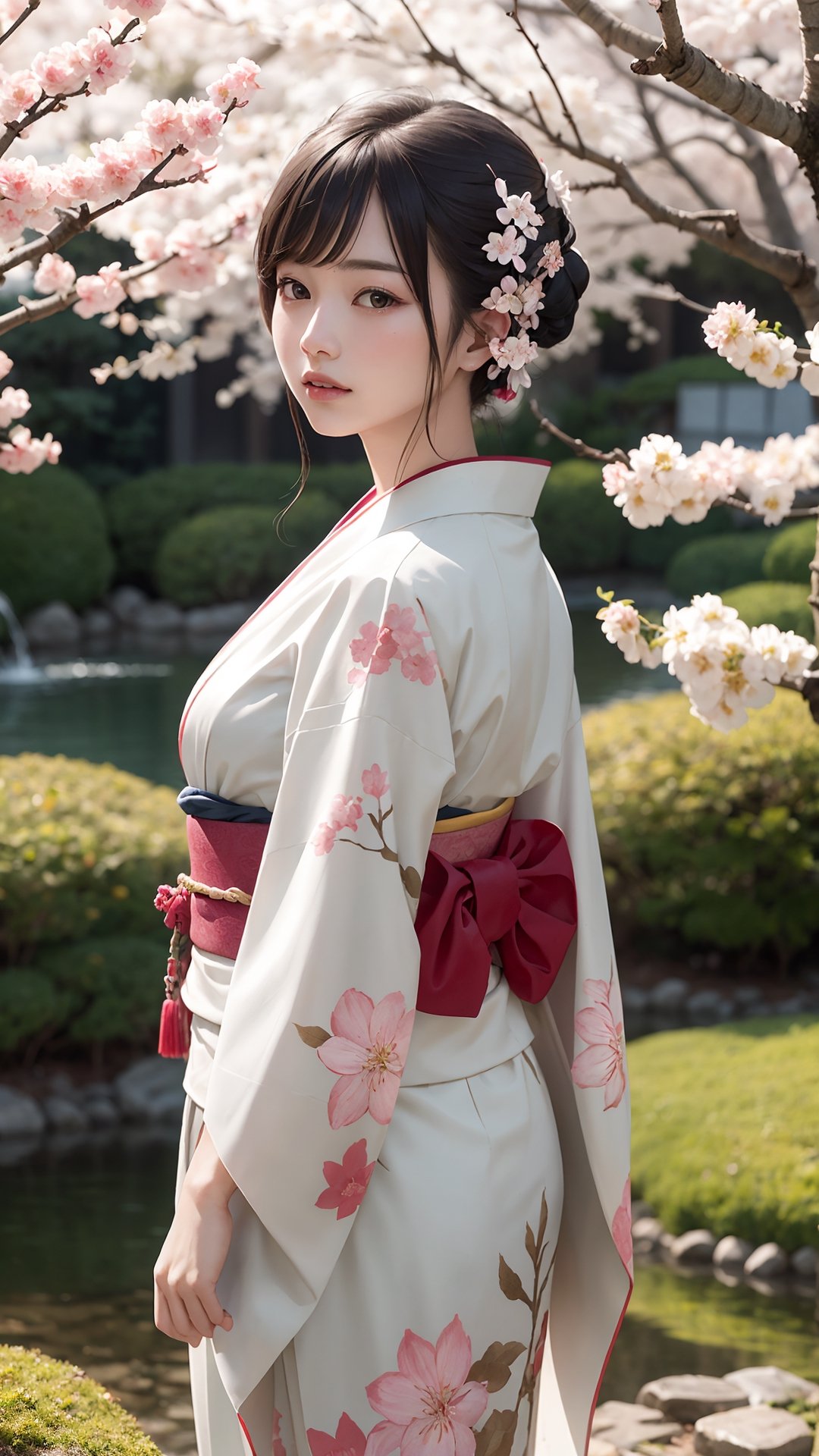 (best quality,masterpiece:1.2),ultra detailed,(photo realistic:1.4),solo,cute girl,kimono,japanese garden,cherry_blossom_background