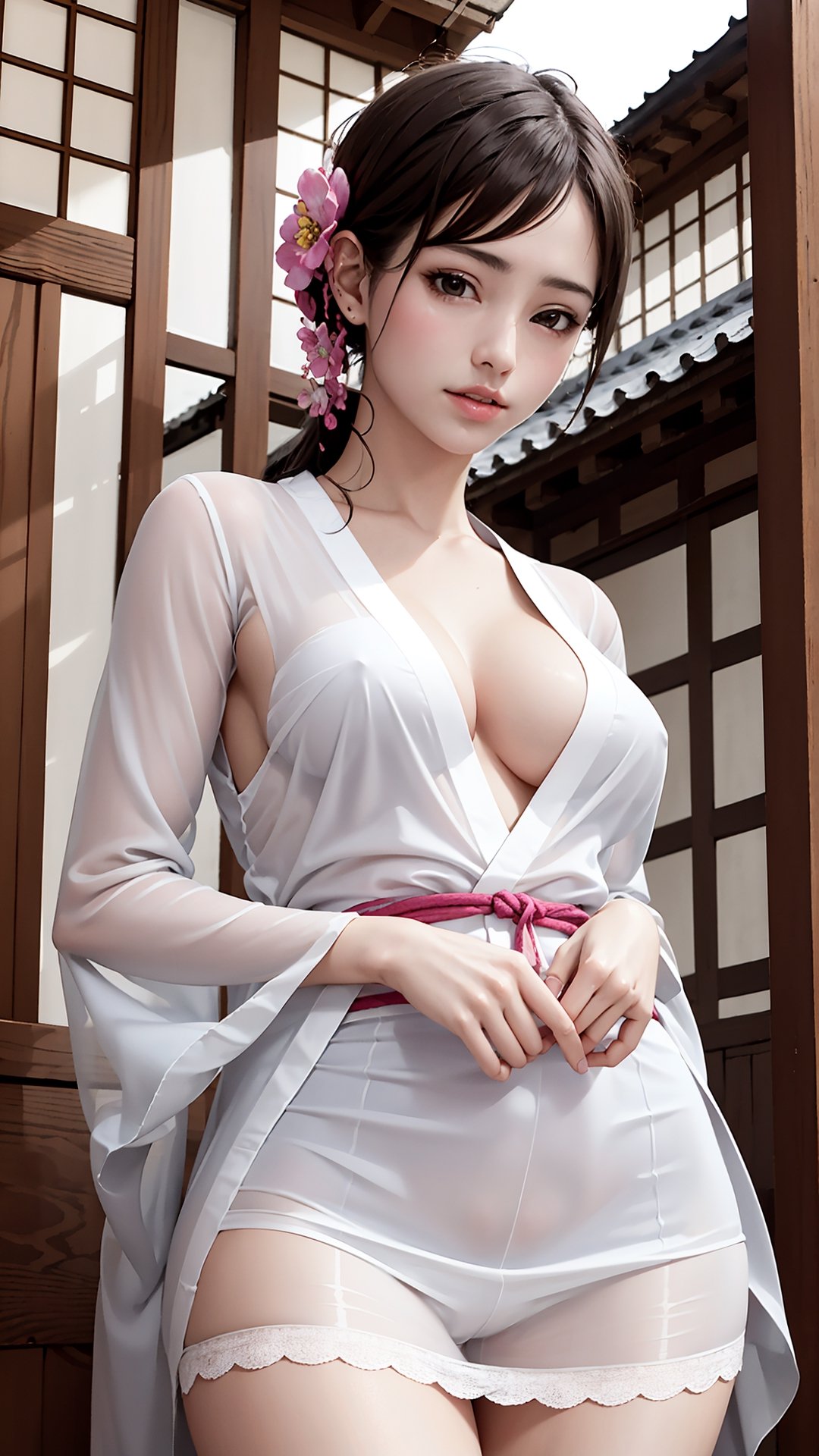 (best quality,masterpiece:1.2),ultra detailed,(photo realistic:1.4),solo,cute girl,upper body,(from below:1.3),(see-through)_((short))_kimono