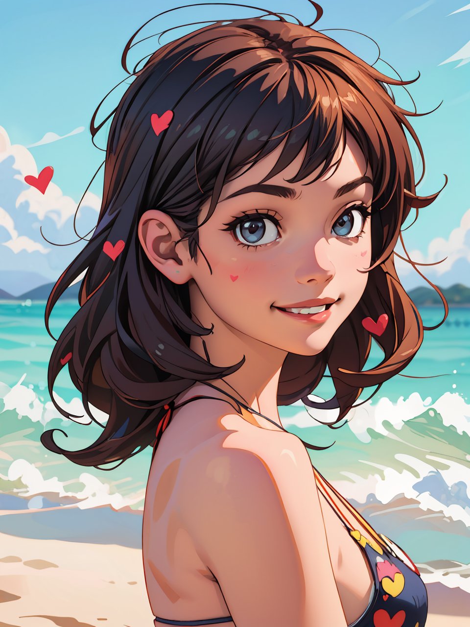 (best quality,masterpiece:1.2),ultra detailed,(photo realistic:1.4),colorful_girl_v2,,bikini,beach,heart_mark_background,lite smile,