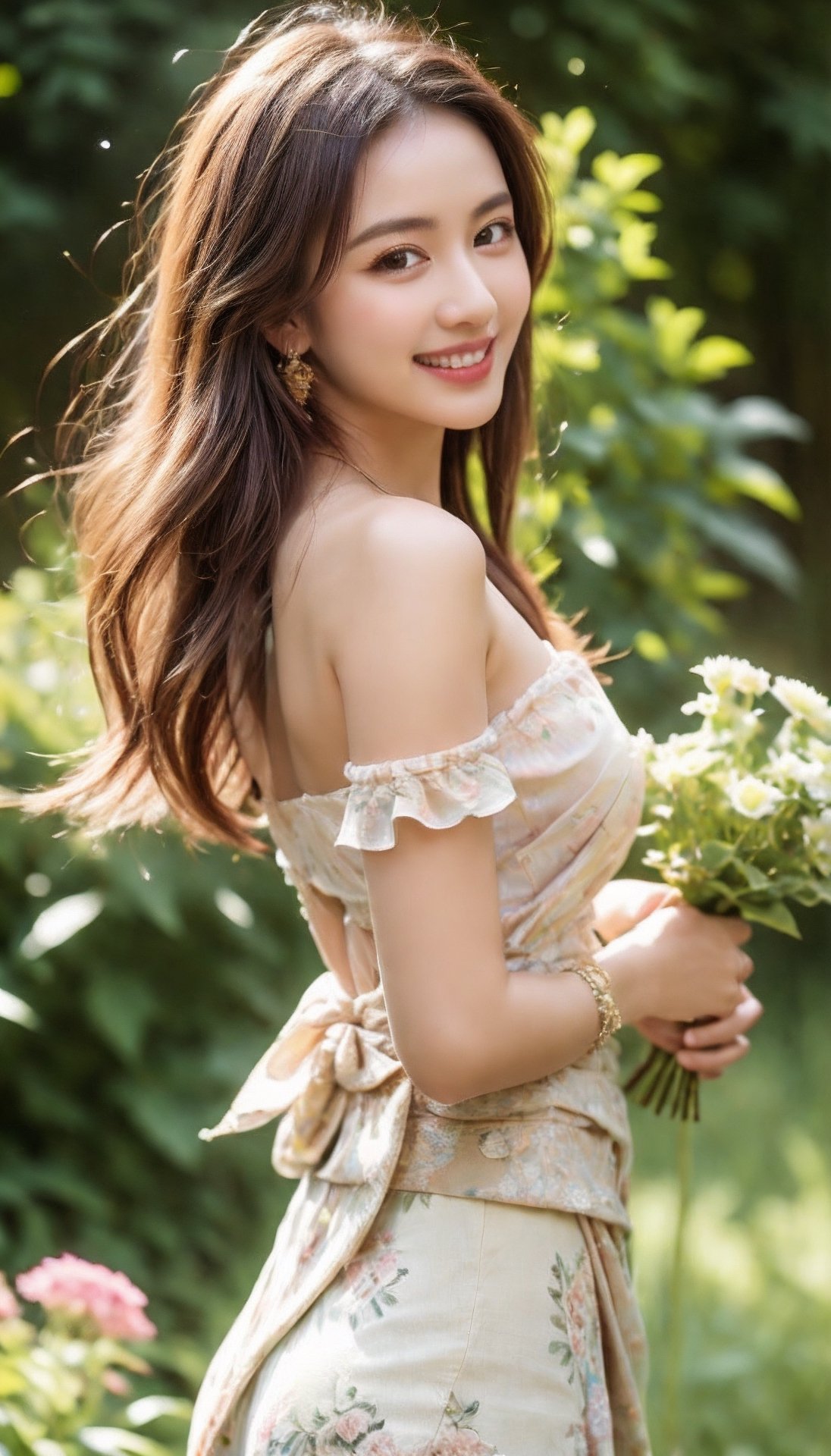 (best quality, masterpiece:1.2),ultra detailed,(photo realistic:1.4),solo,cute girl,(waist up shot:1.3),lite smile,flower garden,many flowers,flower_arrangement_dress,pink