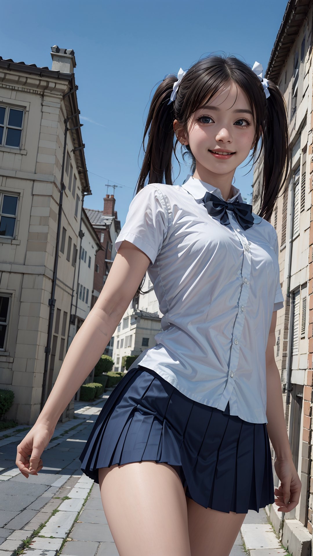 (best quality,masterpiece:1.2),ultra detailed,(photo realistic:1.4),high_school_girl,mini skirt,(bow tie,twin tail hair:1.2),lite smile,from below