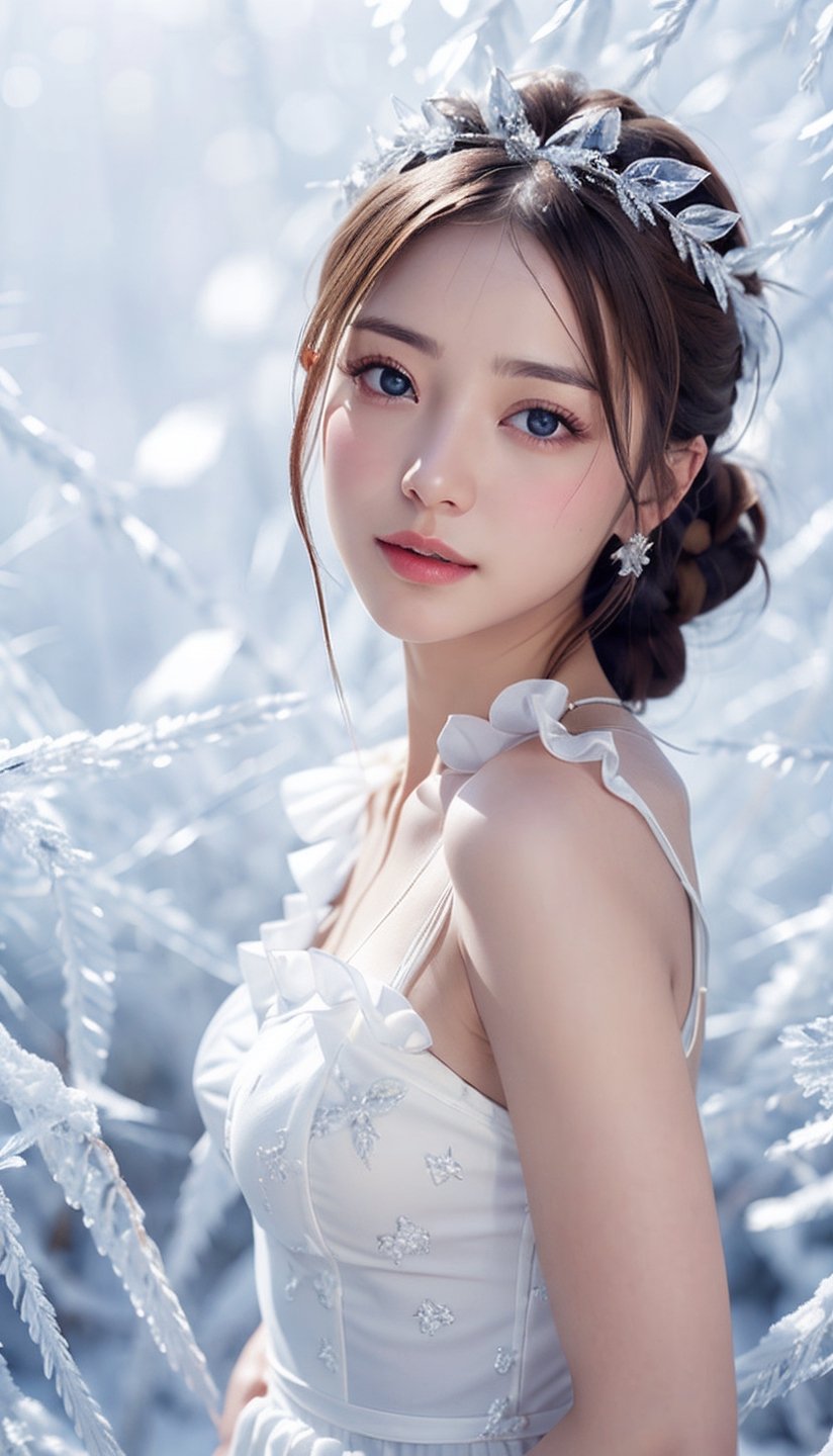 (best quality,  masterpiece:1.2), ultra detailed, (photo realistic:1.4), solo, cute girl, see-through white ruffle dress, snow_crystal_background,halation_background