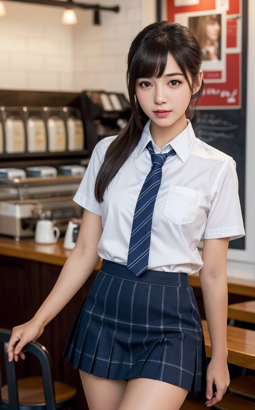 (best quality, masterpiece:1.2), ultra detailed,(photo realistic:1.4),1girl,school uniform,short skirt,coffee shop,cute_jk