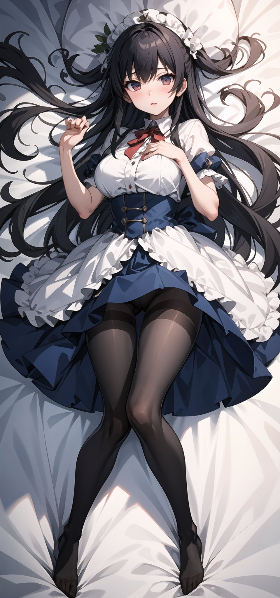 (best quality,masterpiece:1.2),ultra detailed,1girl,pantyhose,white sheets,dakimakura_cover