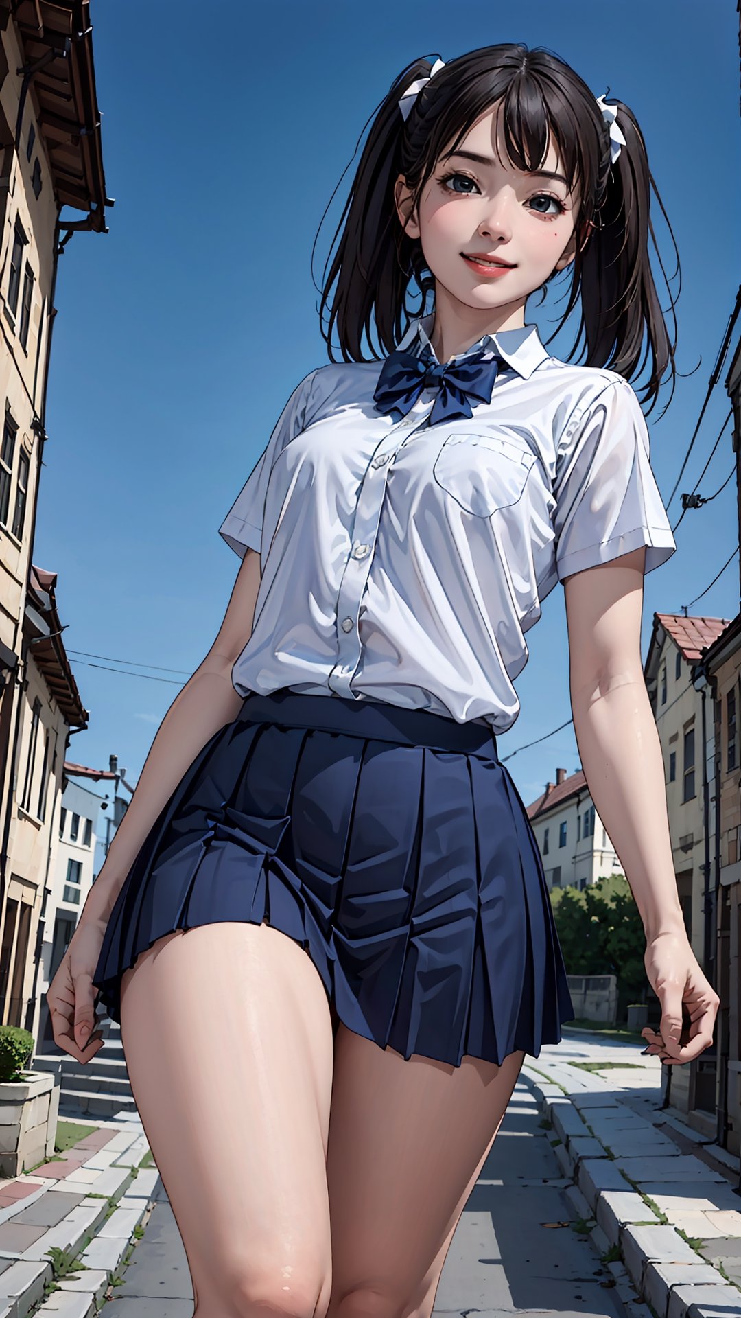 (best quality,masterpiece:1.2),ultra detailed,(photo realistic:1.4),high_school_girl,mini skirt,(bow tie,twin tail hair:1.2),lite smile,from below