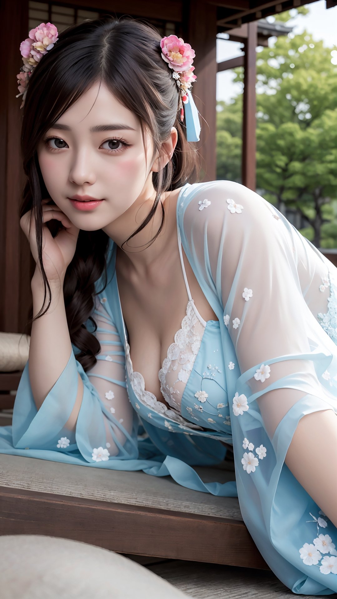 (best quality,masterpiece:1.2),ultra detailed,(photo realistic:1.4),solo,cute girl,(lying down,from below:1.3),see-through_kimono