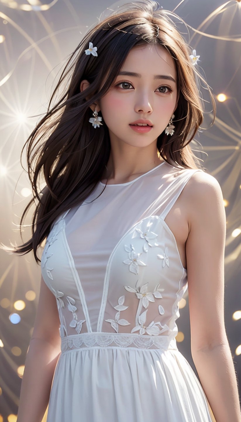 (best quality, masterpiece:1.2),ultra detailed,(photo realistic:1.4),solo,cute girl,see-through white ruffle dress,illumination_flower_background,halation_background