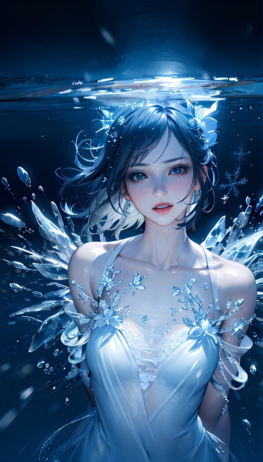 (best quality,  masterpiece:1.2), ultra detailed, (photo realistic:1.4), solo, cute girl, see-through white ruffle dress, snow_crystal_background,illumination_flower_background,diving_the_water_background,snow_crystal_background,multi_effects