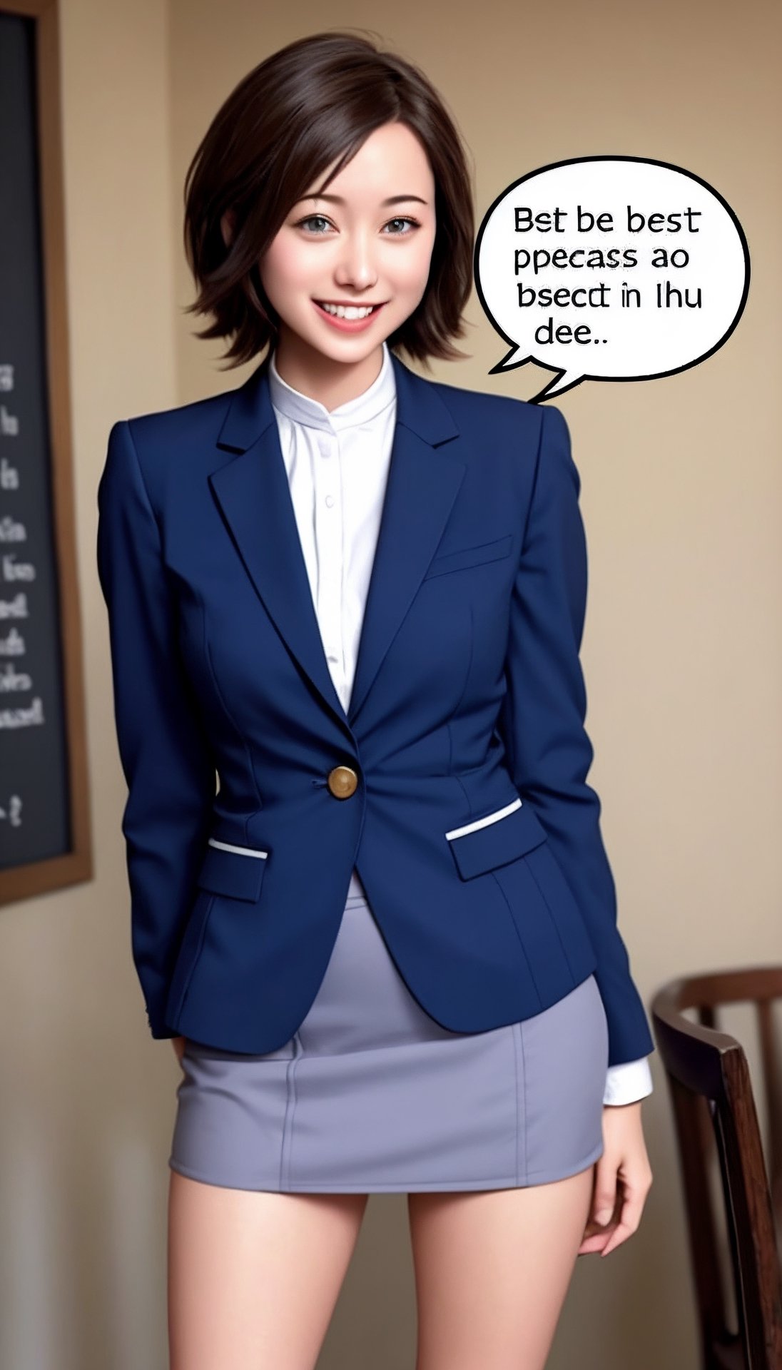 (best quality, masterpiece:1.2),ultra detailed,(photo realistic:1.4),speech bubble in text 'english language',(speech_bubble:1.4),solo,cute girl,business suit,mini skirt,lite smile