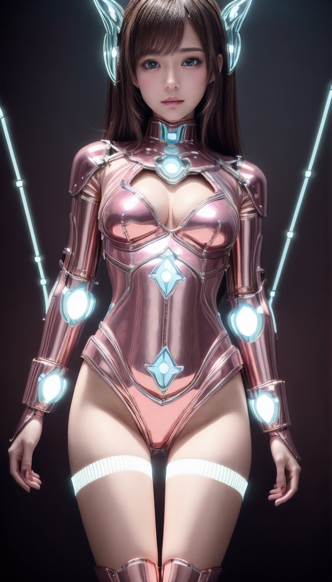 (best quality, masterpiece:1.2),ultra detailed,(photo realistic:1.4),solo,cute_girl,(((body illumination:1.5))),sexaroid_of_mechagirl,(pink metallic body:1.3)