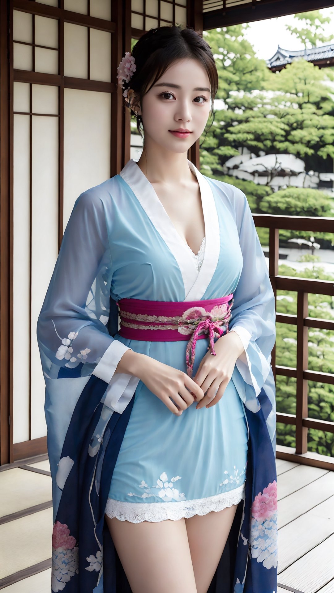 (best quality,masterpiece:1.2),ultra detailed,(photo realistic:1.4),solo,cute girl,upper body,(see-through)_((short))_kimono