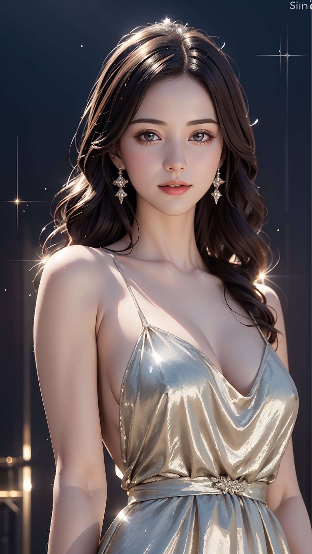 (best quality, masterpiece:1.2),ultra detailed,(photo realistic:1.4),solo,cute girl,from below,Cabaret_Dress,(shining_sparkle_background:1.2)