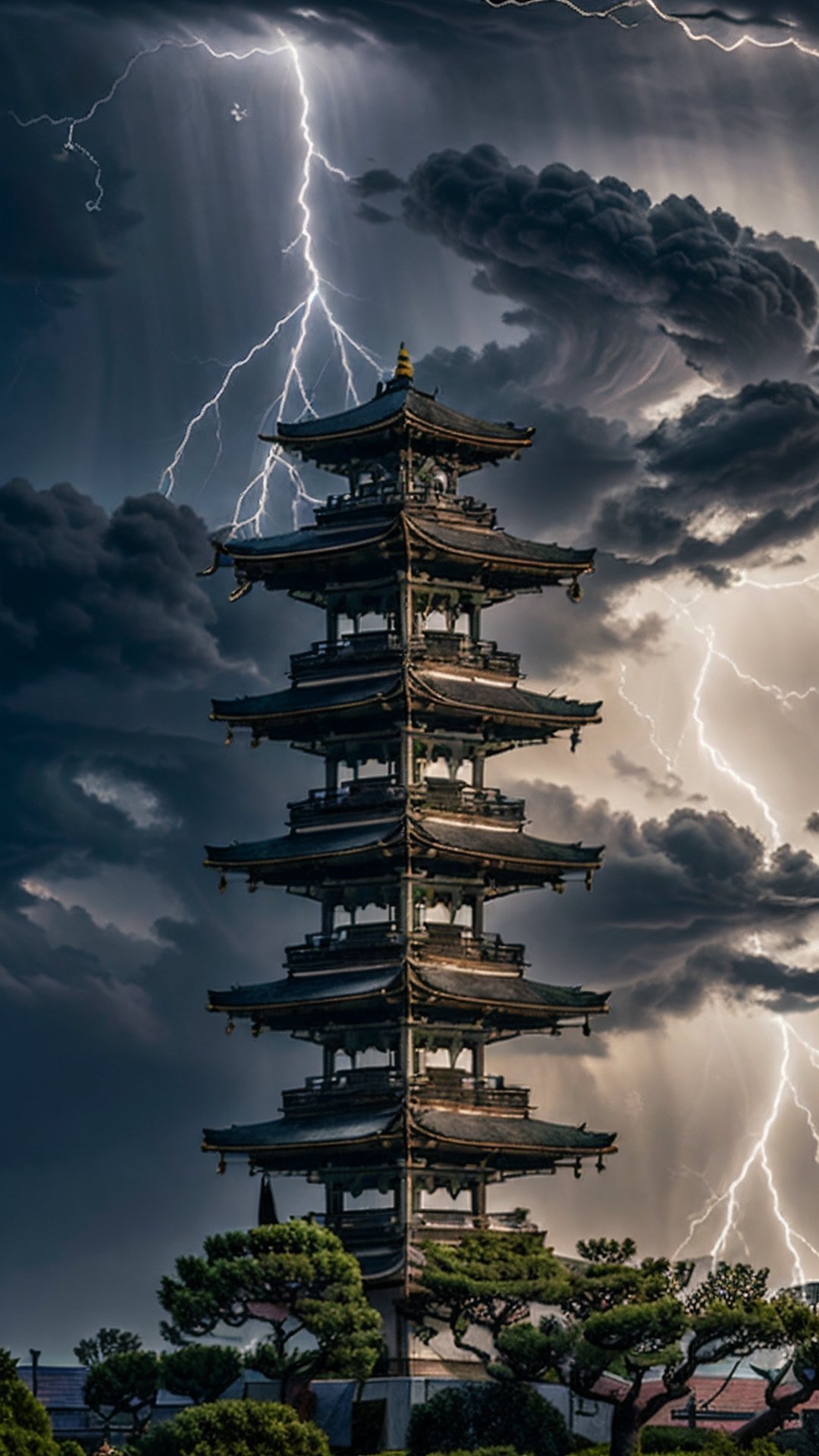 (best quality, masterpiece:1.2),ultra detailed,(photo realistic:1.4),old castle,horror painting,japanese_garden_background,(lightning_sparkle_background:1.2)