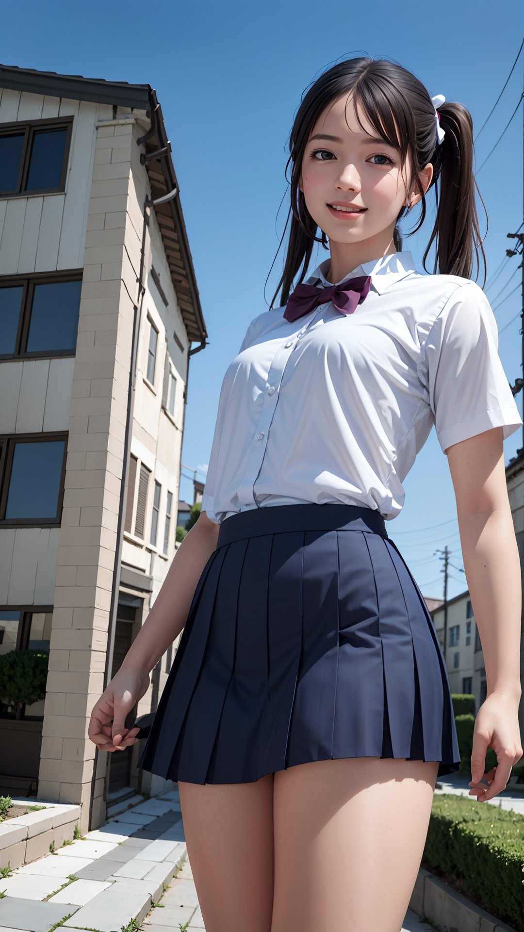 (best quality,masterpiece:1.2),ultra detailed,(photo realistic:1.4),high_school_girl,mini skirt,(bow tie,twin tail hair:1.2),lite smile,from below