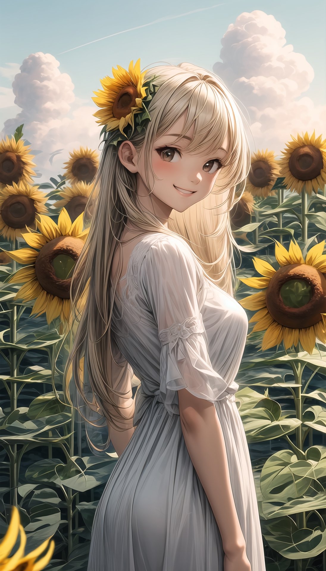 (best quality,masterpiece:1.2),ultra detailed,solo,cute girl,lite smile,sunflower_background