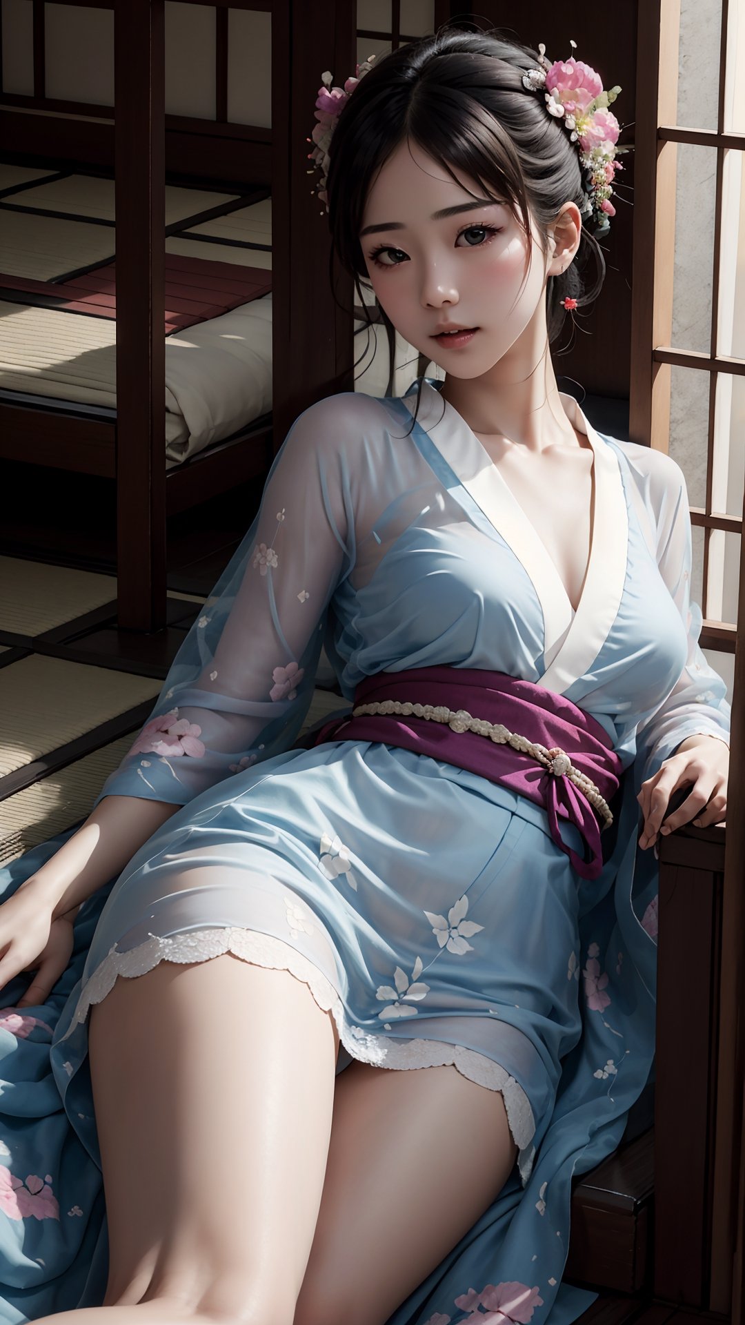 (best quality,masterpiece:1.2),ultra detailed,(photo realistic:1.4),solo,cute girl,(lying down,from below:1.3),(see-through)_((short))_kimono