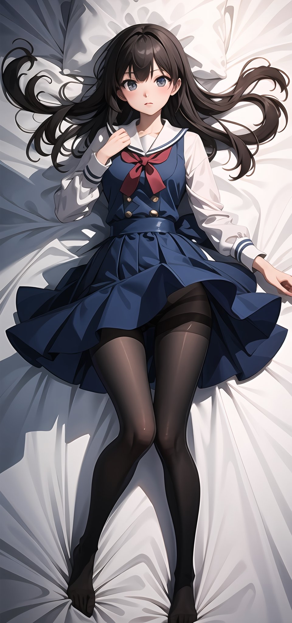 (best quality,masterpiece:1.2),ultra detailed,1girl,serafuku,pantyhose,white sheets,dakimakura_cover