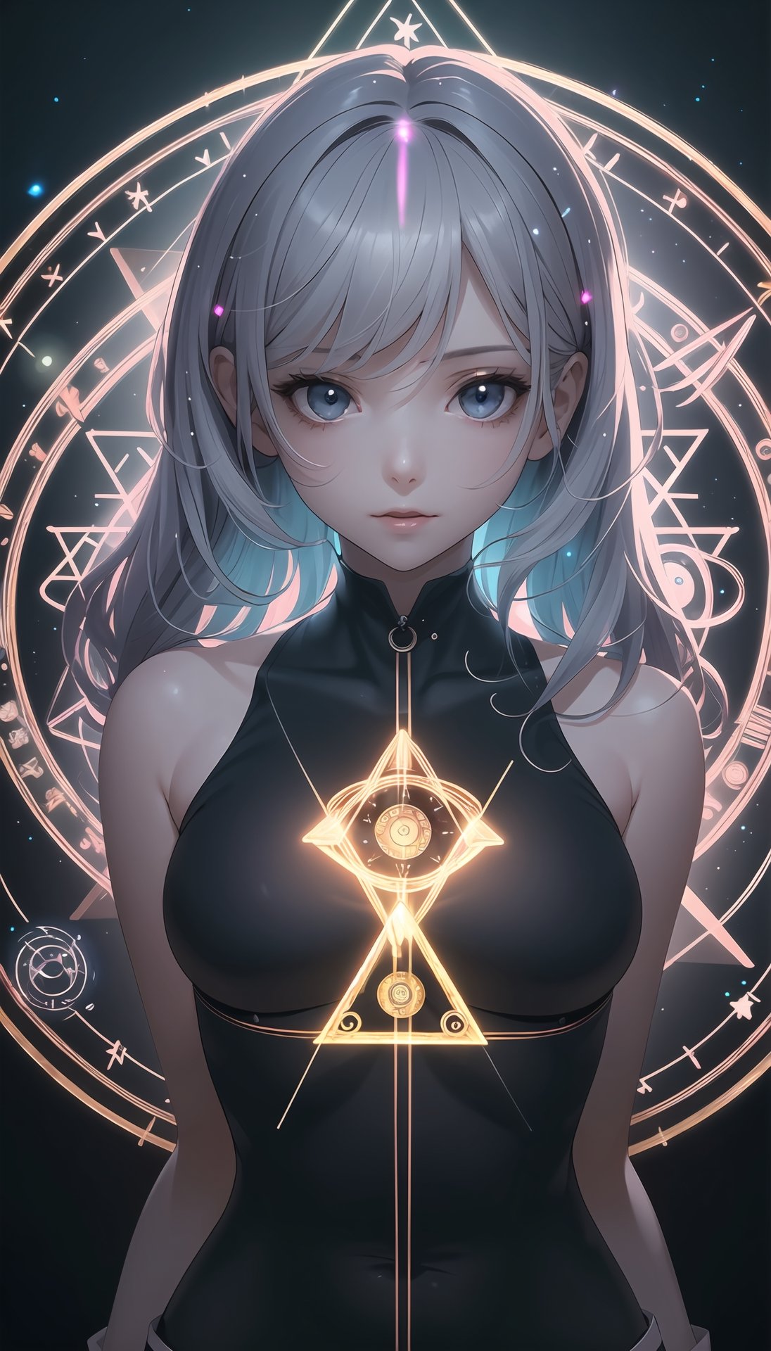 (best quality, masterpiece:1.2),ultra detailed,solo,cute girl,see-through bodysuit,(colorful illumination:1.1),upper body,(summon light magic circle:1.3),luminescence_circle_background