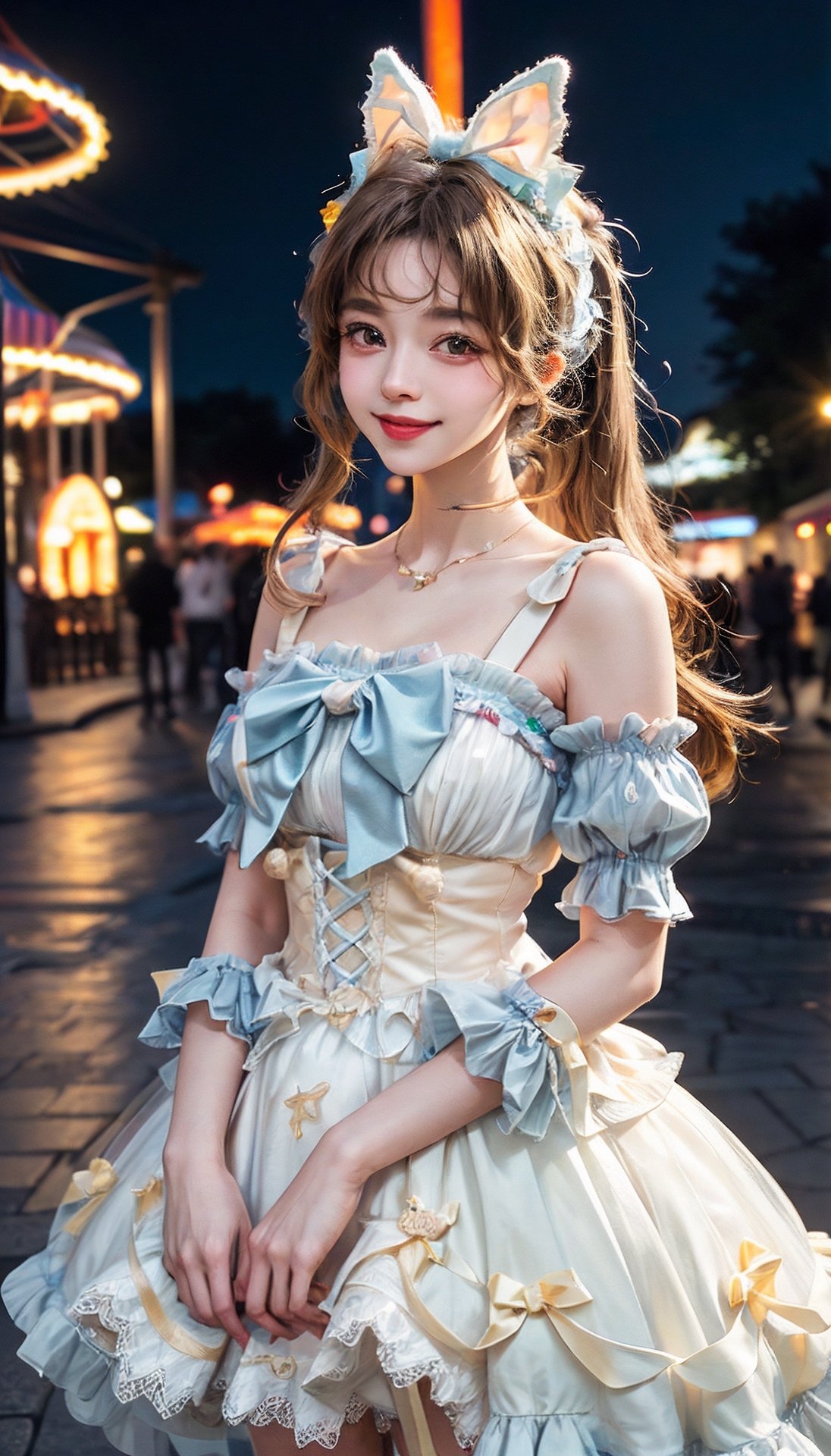 1girl, solo,mix4, (realistic:1.1), (photorealistic:1.1), (masterpiece:1.1), (best quality:1.1),  ultra detailed, looking at viewer, smile,sweet_lolita,standing , natural lighting, depth of field, (pureerosface_v1:0.8), amusement park in the background,(night)