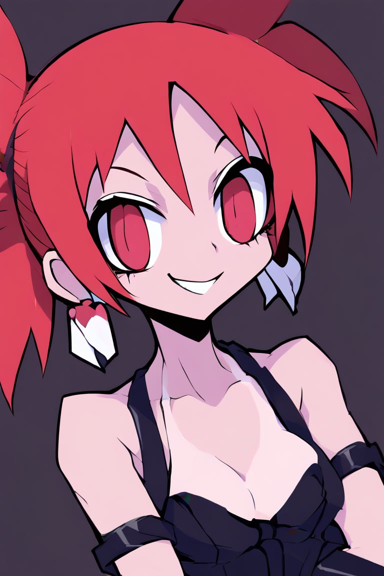 Etna (Disgaea), lustfull look, tanlines, earrings, bracelet, collarbone, large bust, helltaker style, red eyes, red hair, smerk smile