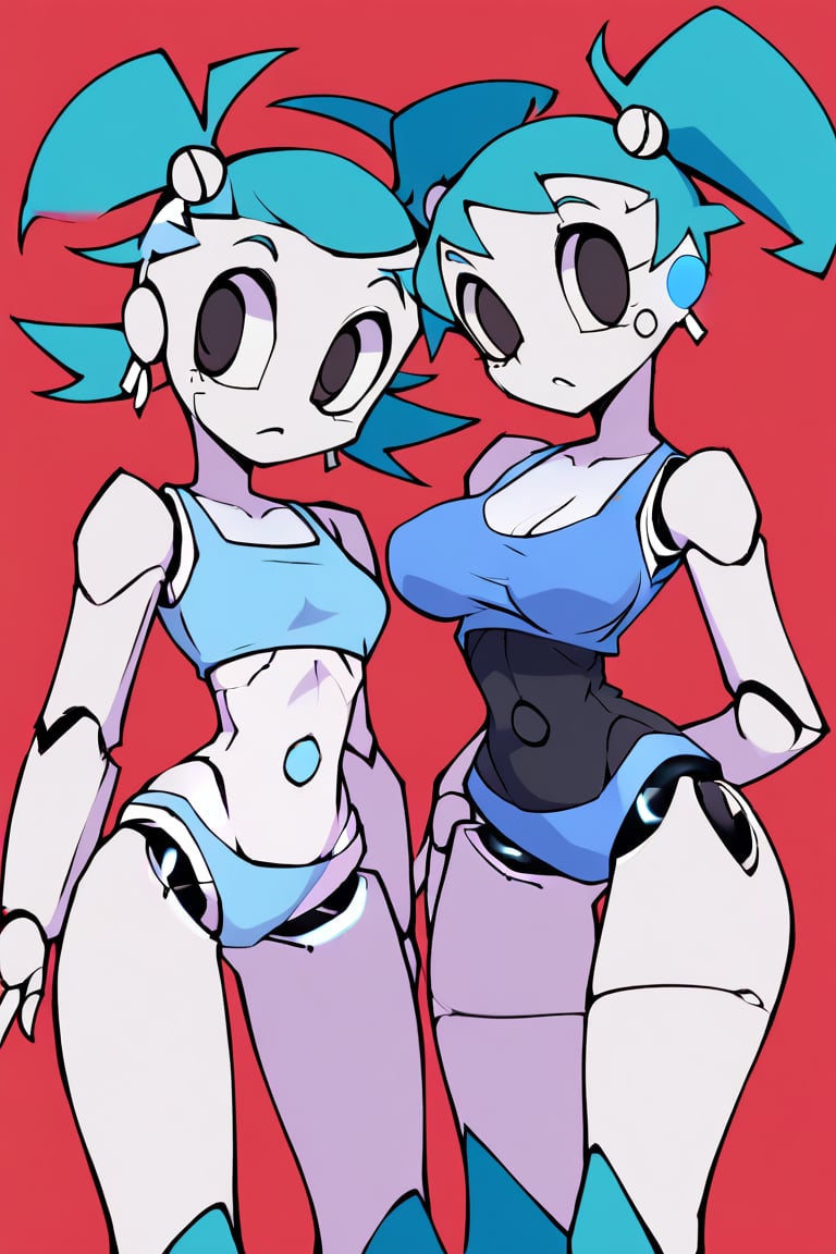 xj9, robot girl, 1girl, robot joints, android, joints, short blue top, short blue underwear, symetrical twintails, aqua hair ,black eyes,white skin, lustfull look, tanlines, earrings, collarbone, large bust, helltaker style, colored skin, white skin, (1girl)