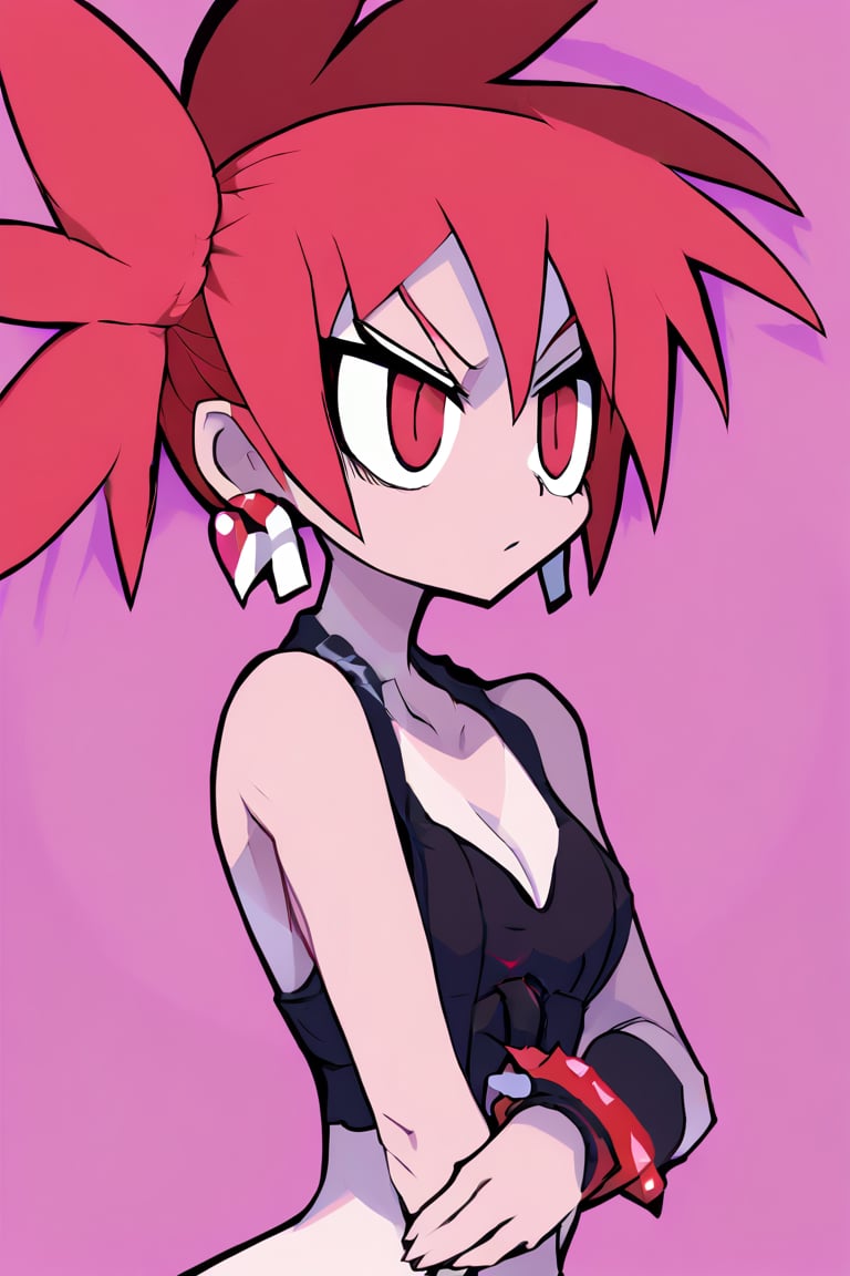 Etna (Disgaea), lustfull look, tanlines, earrings, bracelet, collarbone, large bust, helltaker style, red eyes, red hair